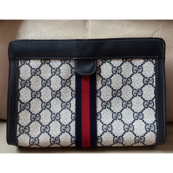 Authentic Vintage Gucci Web Monogram Canvas Black Leather Velcro Clutch - Picture 2 of 11